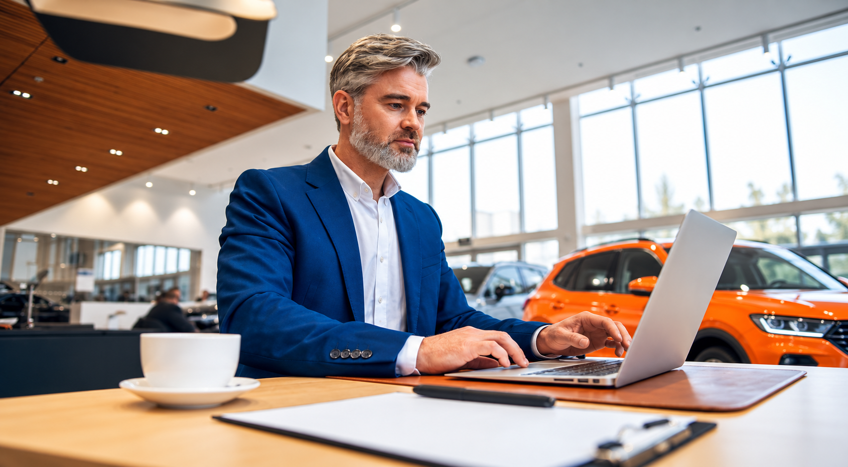 Ejecutivo en showroom automotriz moderno